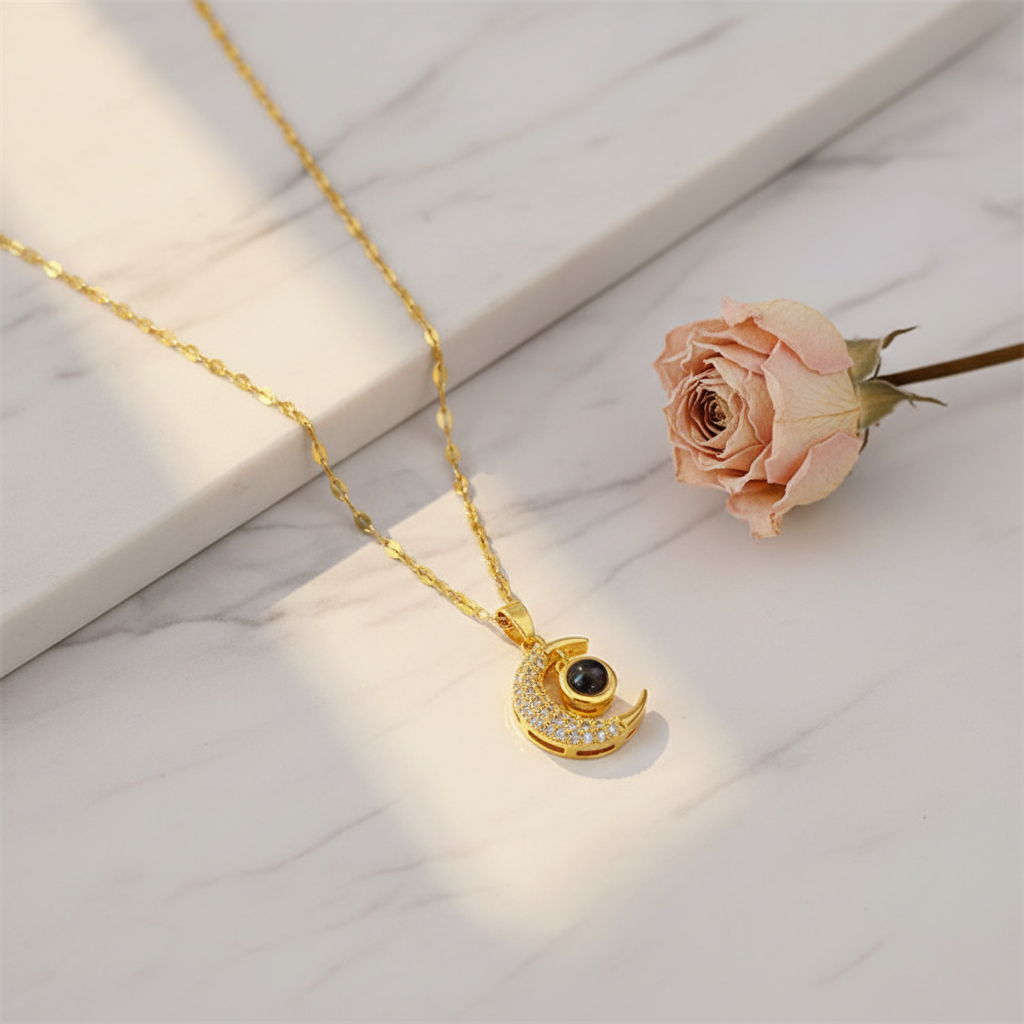18k Gold Crystal Moon Pendant Necklace