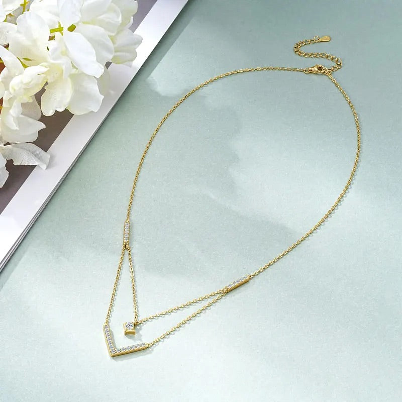925 Sterling Silver Horizonte Light Layered V Moissanite Necklace - (Gold)
