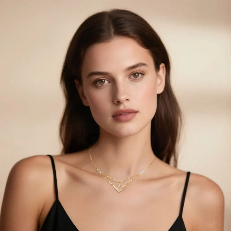 925 Sterling Silver Horizonte Light Layered V Moissanite Necklace - (Gold)