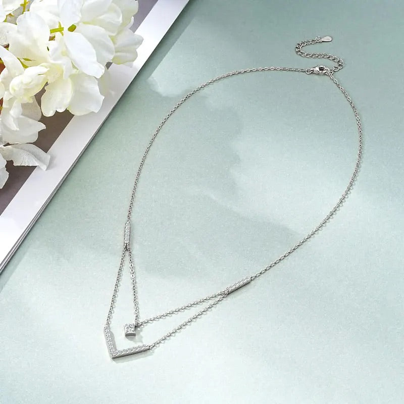 925 Sterling Silver Horizonte Light Layered V Moissanite Necklace - (Silver)