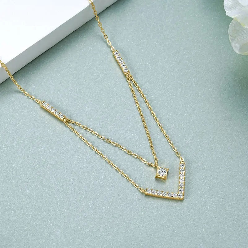 925 Sterling Silver Horizonte Light Layered V Moissanite Necklace - (Gold)
