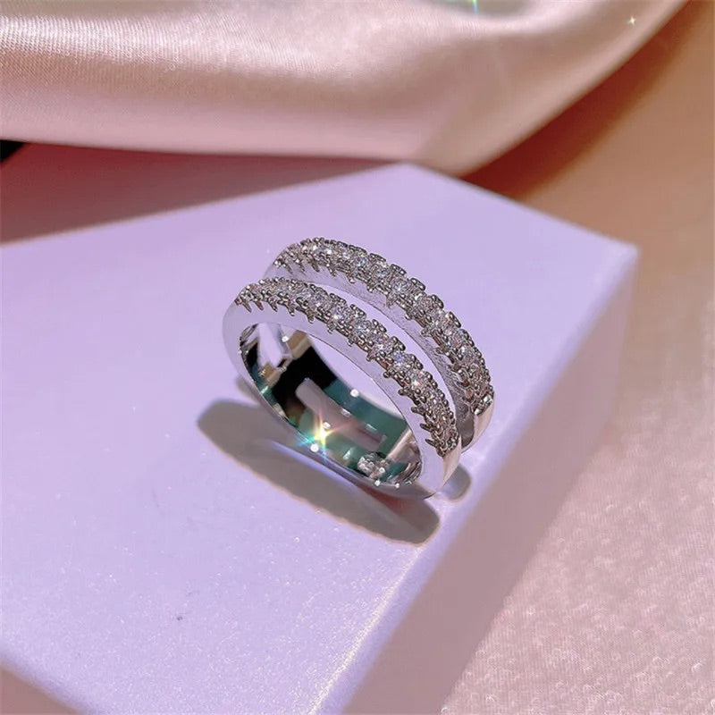 925 Sterling Silver Rio Twin Light Double-Row Moissanite Ring - (Silver)