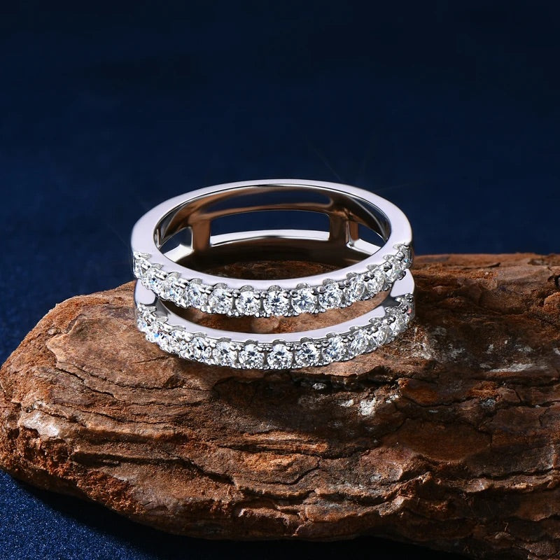 925 Sterling Silver Rio Twin Light Double-Row Moissanite Ring - (Silver)