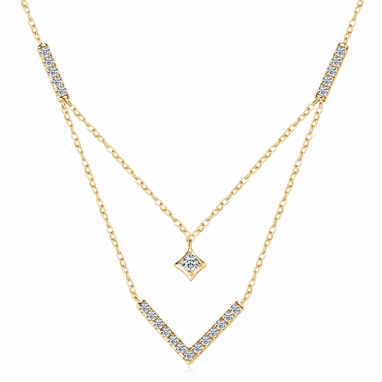 925 Sterling Silver Horizonte Light Layered V Moissanite Necklace - (Gold)