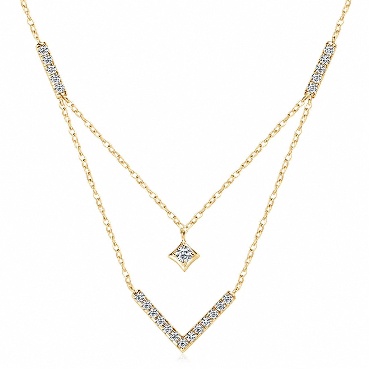 925 Sterling Silver Horizonte Light Layered V Moissanite Necklace - (Gold)