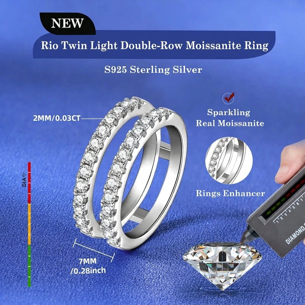 925 Sterling Silver Rio Twin Light Double-Row Moissanite Ring - (Silver)