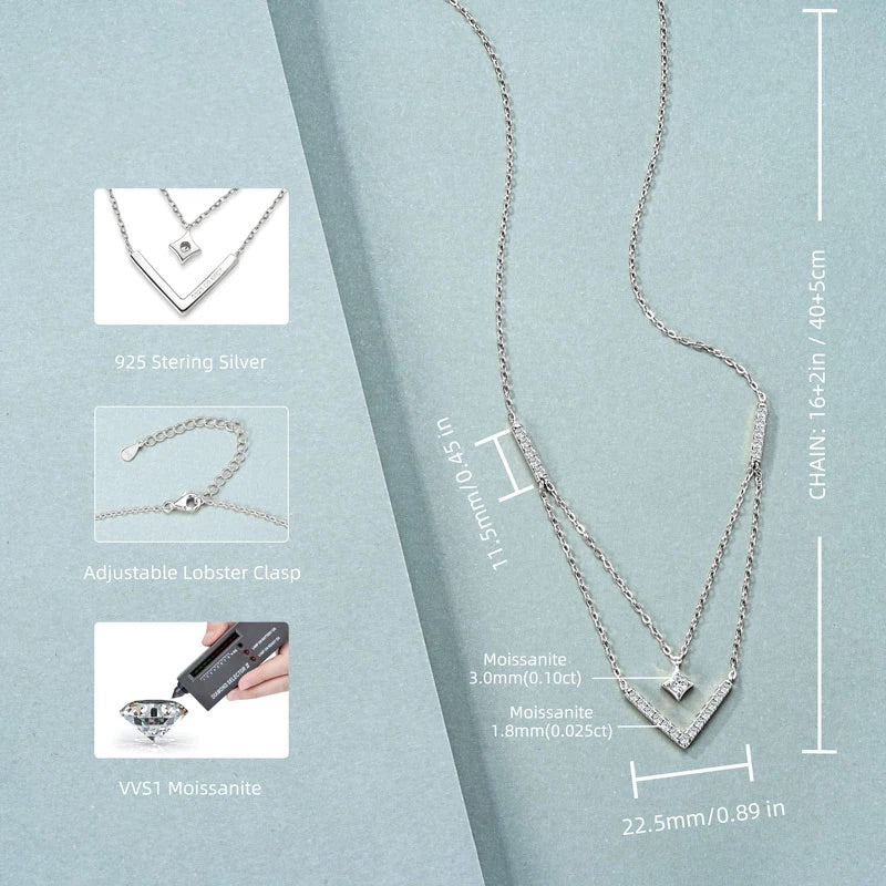925 Sterling Silver Horizonte Light Layered V Moissanite Necklace - (Silver)