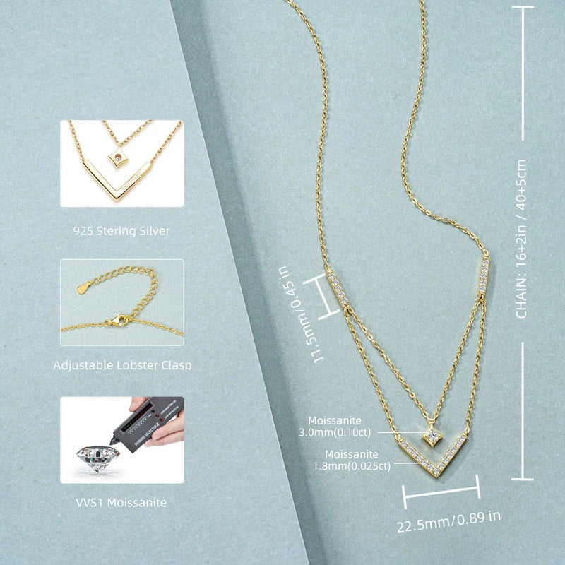 925 Sterling Silver Horizonte Light Layered V Moissanite Necklace - (Gold)
