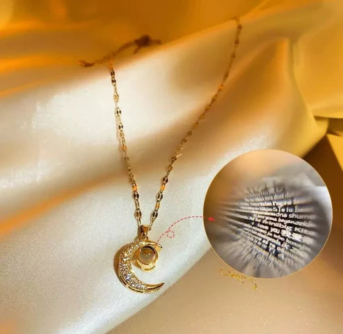 I Love You in 100 Different Languages Zircon Moon Pendant Necklace (GOLD)