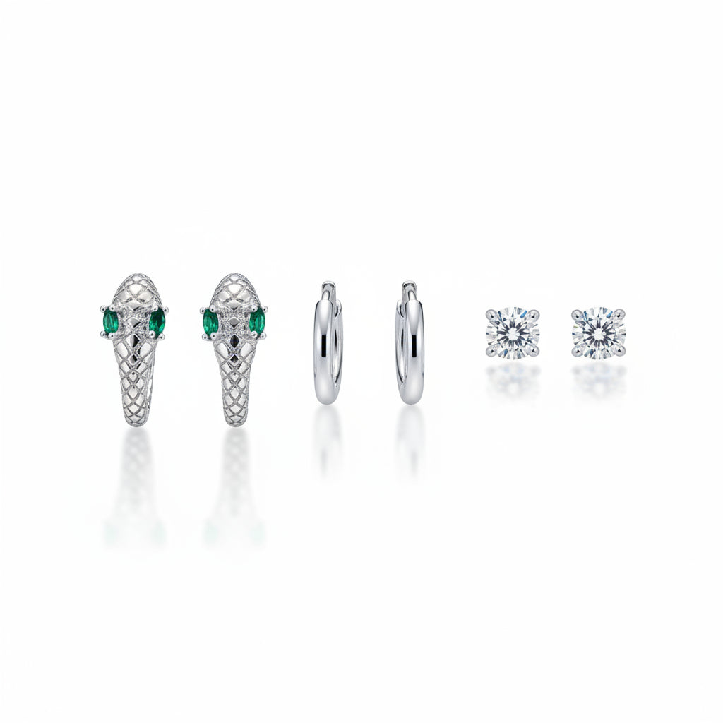 Snake Huggies & Stud Earrings Set (SILVER)