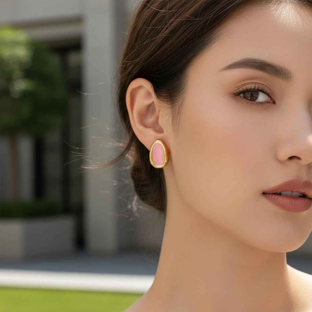 Asian model wearing pink earrings outdoors