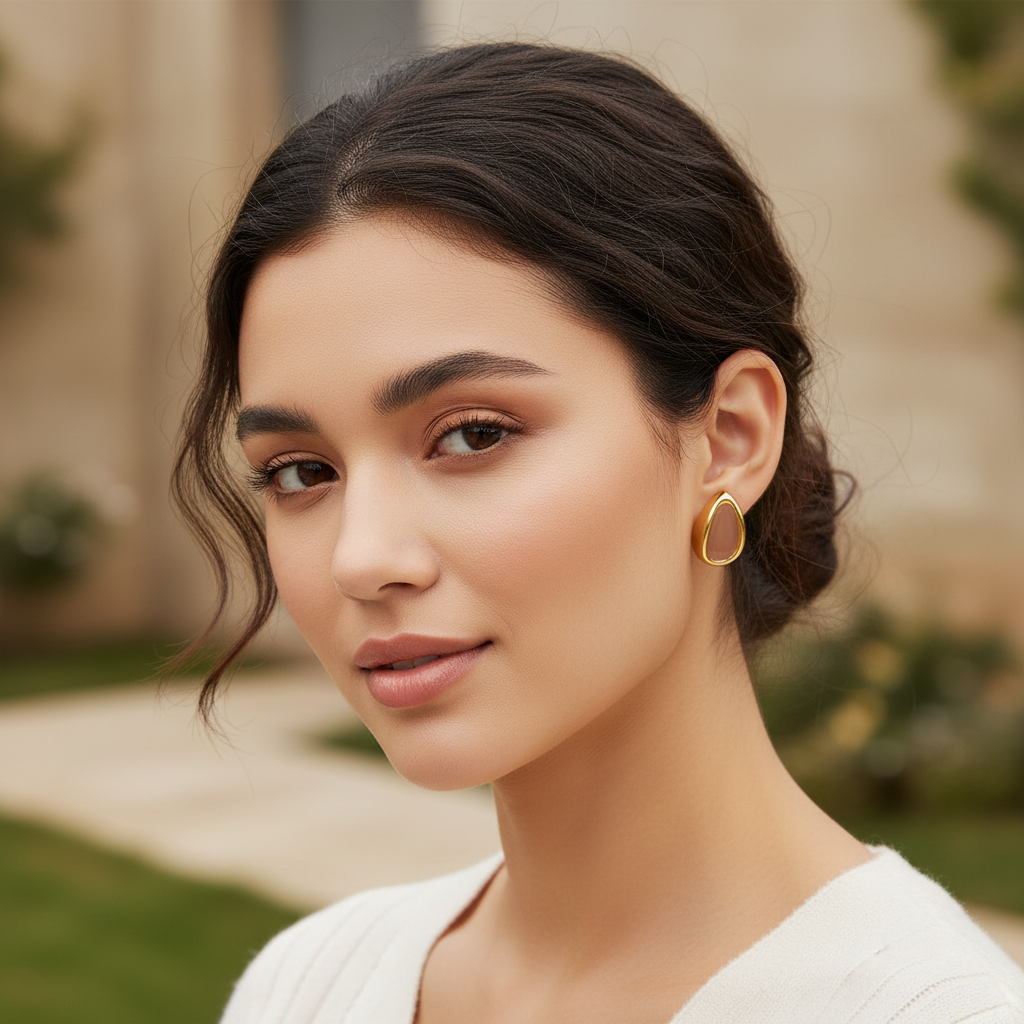 Asian model wearing properly sized brown earrings outdoors