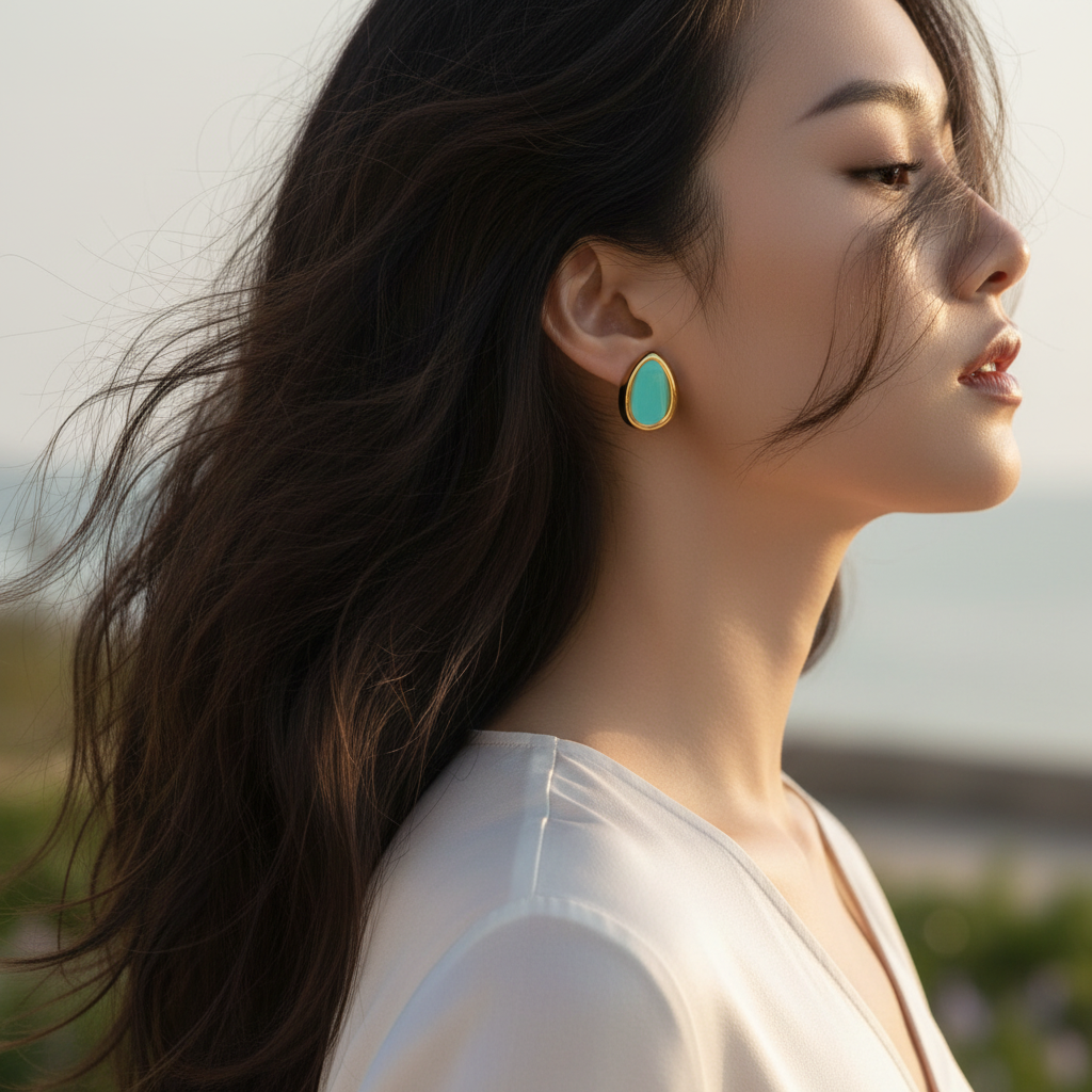 Asian model with flowing hair wearing turquoise earrings