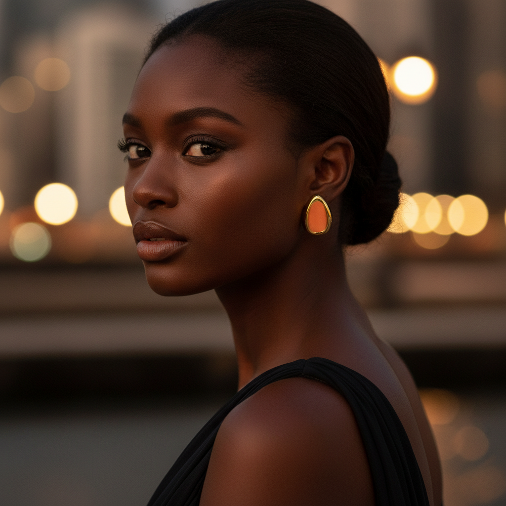 Black model wearing delicate earrings at night