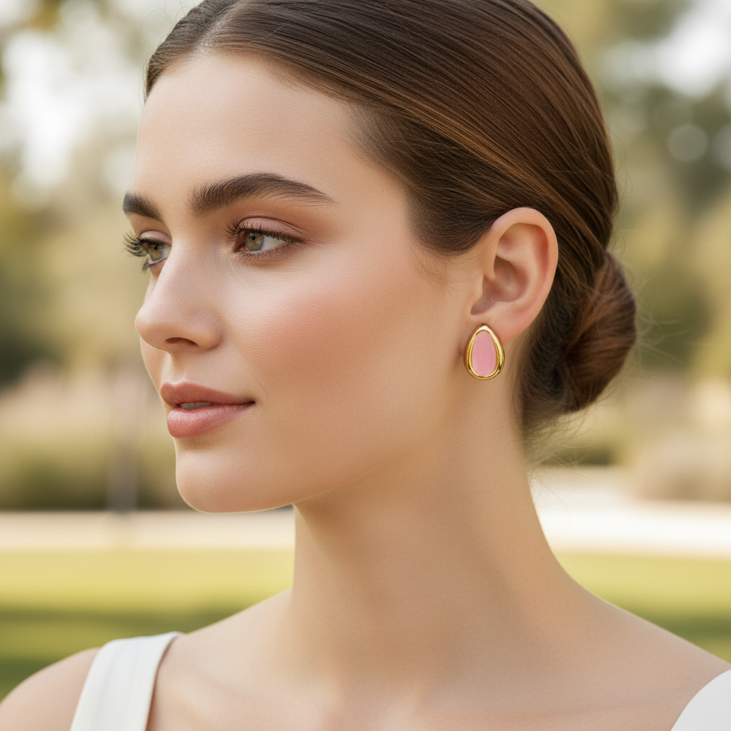 Caucasian model wearing pink earrings outdoors