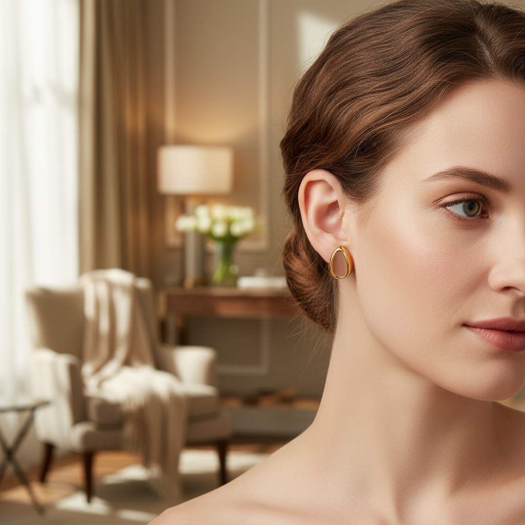 Caucasian model wearing properly sized brown earrings indoors