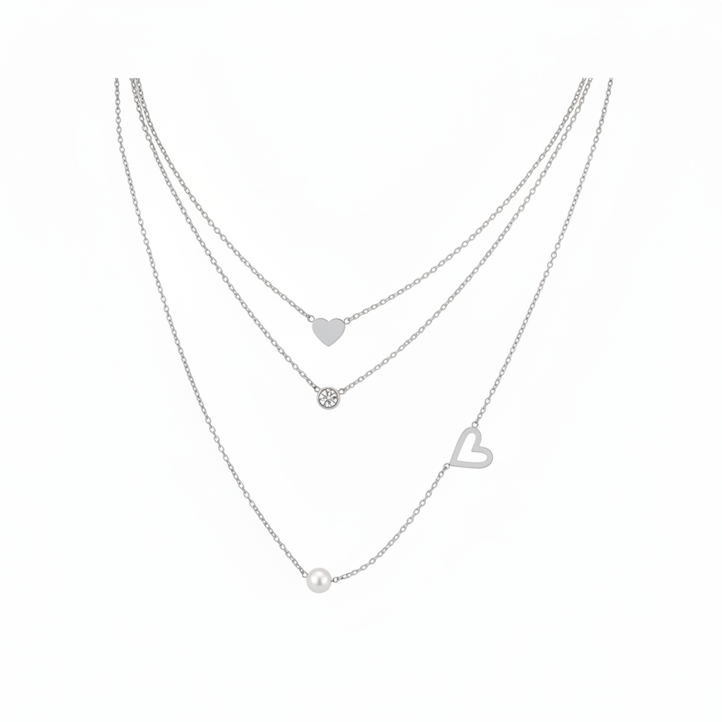 Love Heart Layered Zircon Pearl Pendant Necklace (SILVER)