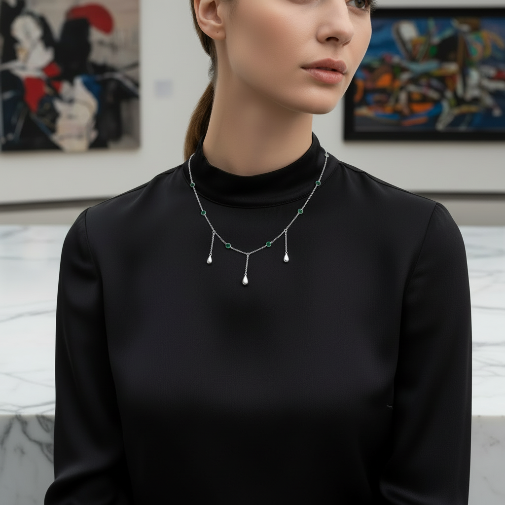 Tassel Green Zircon Water Drops Pendant Necklace (SILVER)