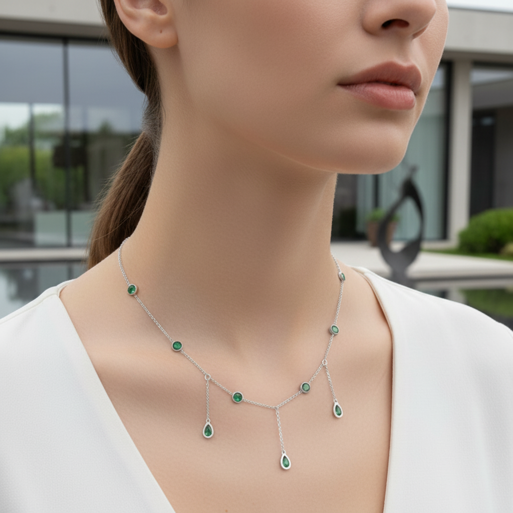Tassel Green Zircon Water Drops Pendant Necklace (SILVER)