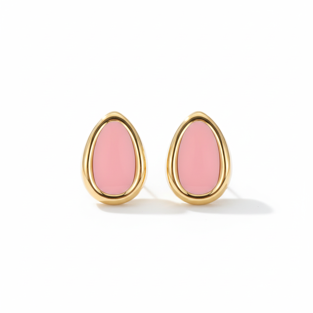 Front view of pink and gold earrings