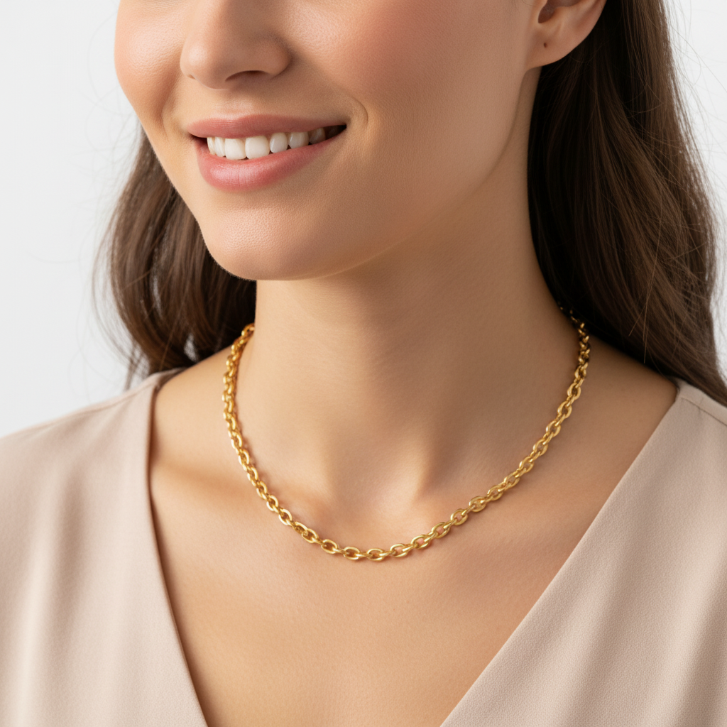 Gold chain necklace natural close-up on model