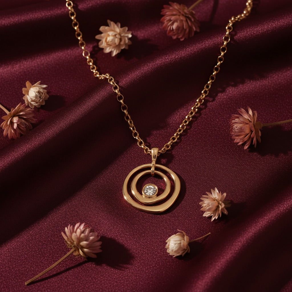 Gold circle necklace on dark red background