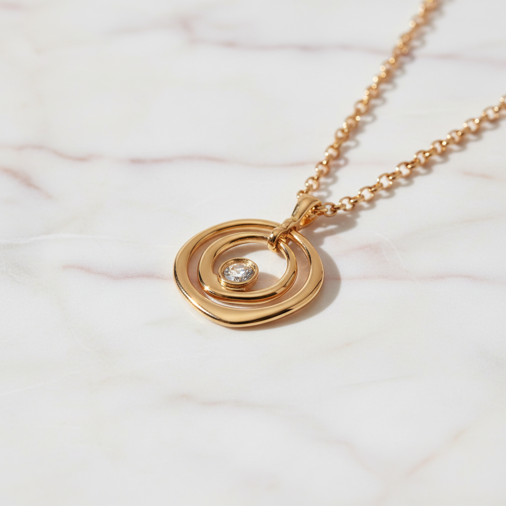 Gold circle necklace on marble