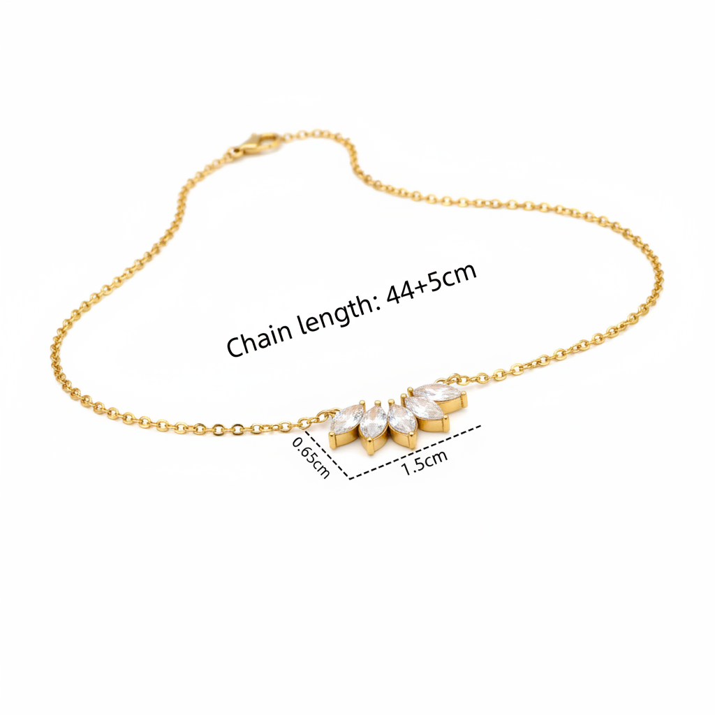 Gold clear zircon crystal leaf necklace horizontal with measurements
