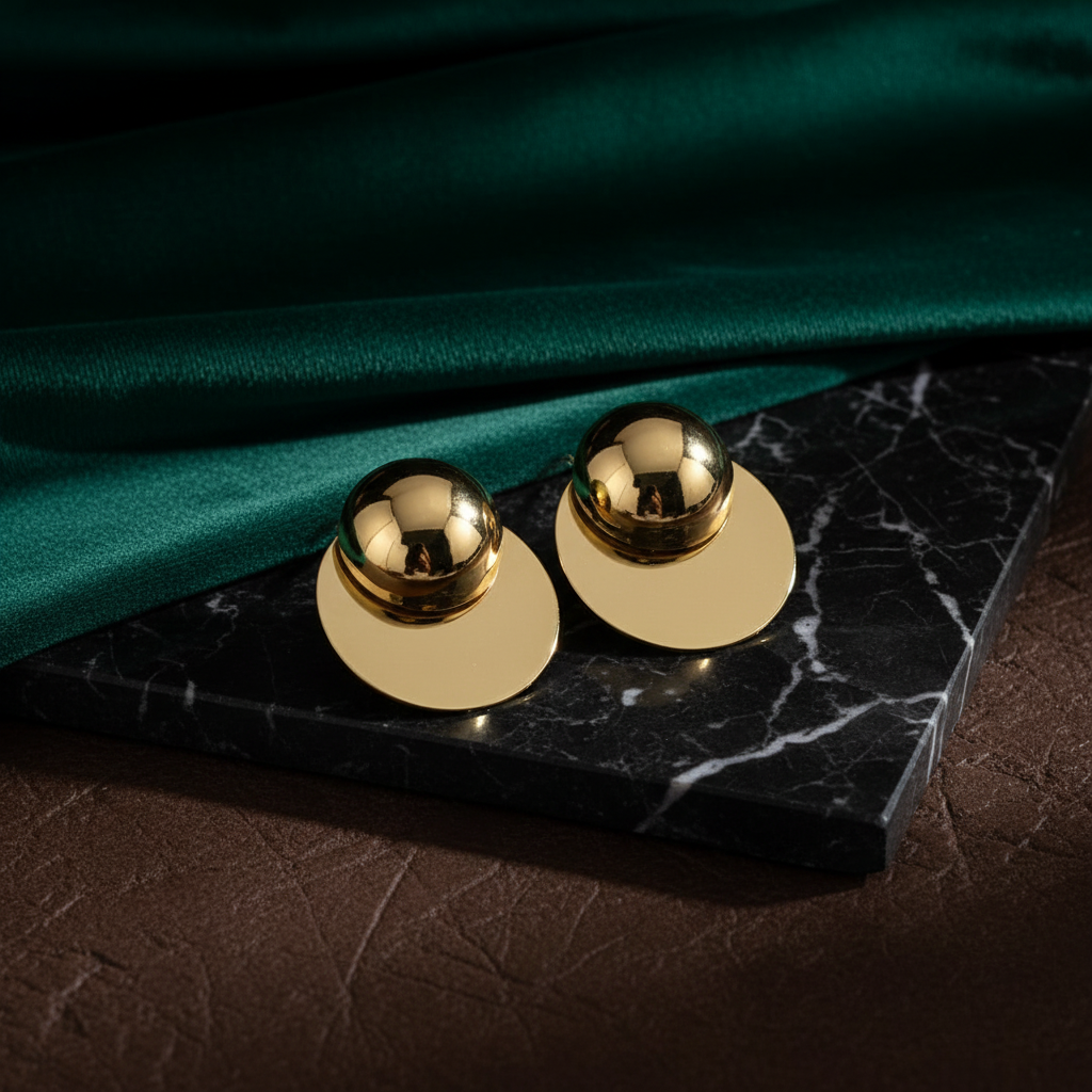 Gold dome and disc earrings dark showcase 2