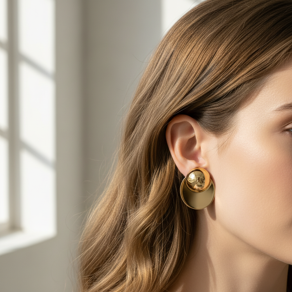 Gold dome and disc earrings indoor model shot - delicate size