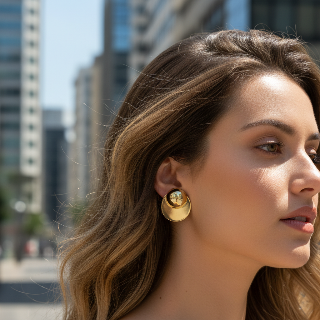 Gold dome and disc earrings outdoor model shot - delicate size