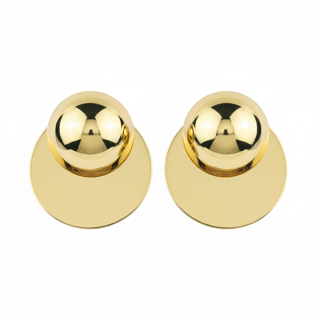 Gold dome and disc earrings white background