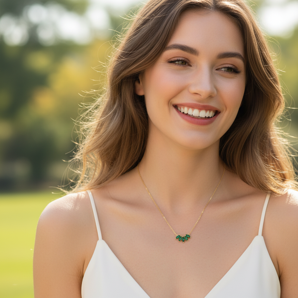 Gold green crystal leaf necklace on white model with bright background