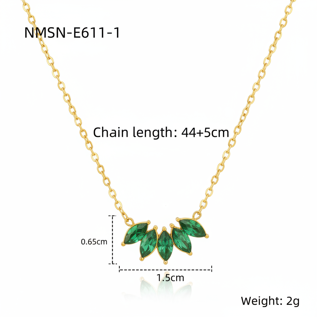Gold green crystal leaf necklace with measurements on white background