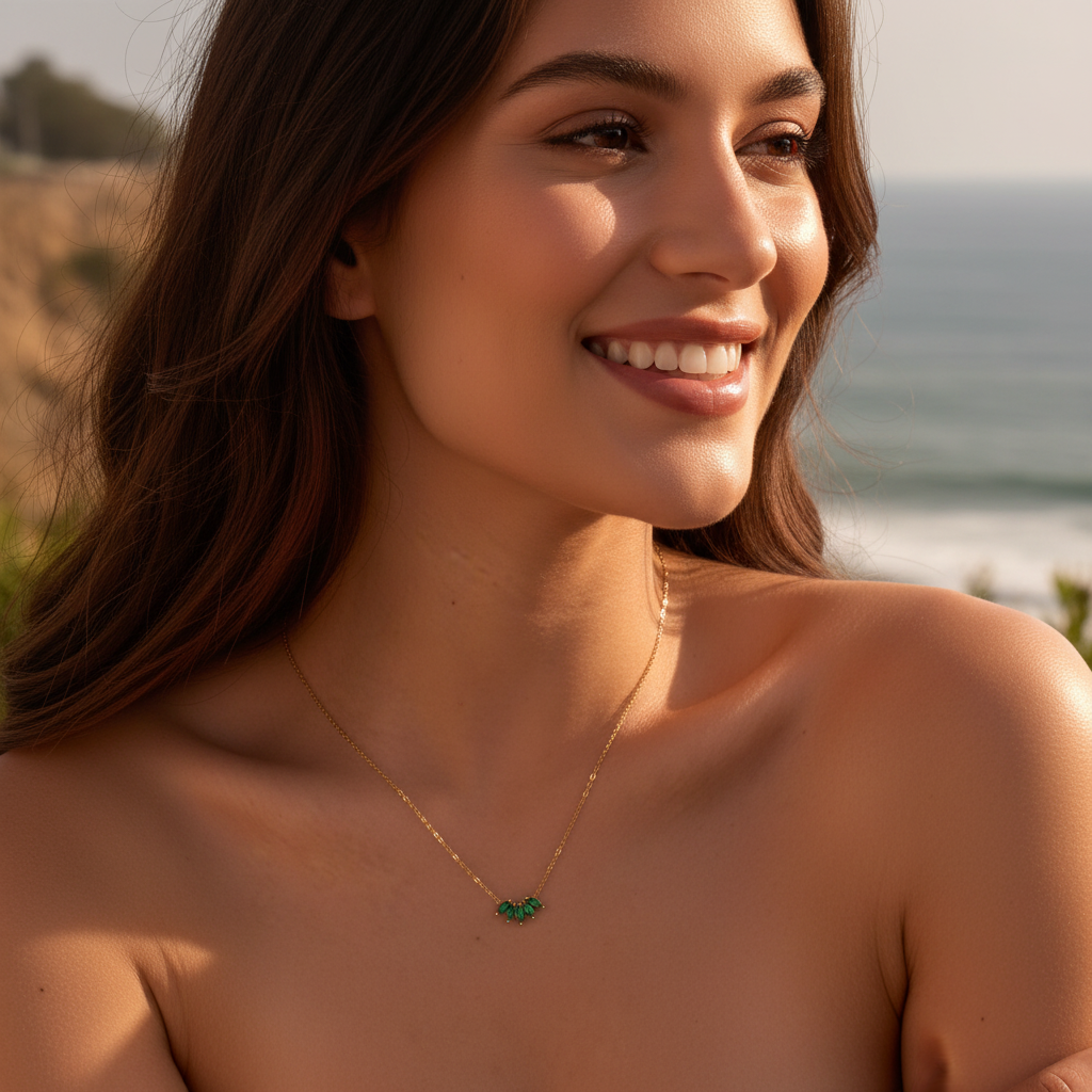 Gold green crystal leaf necklace with very small pendant on model