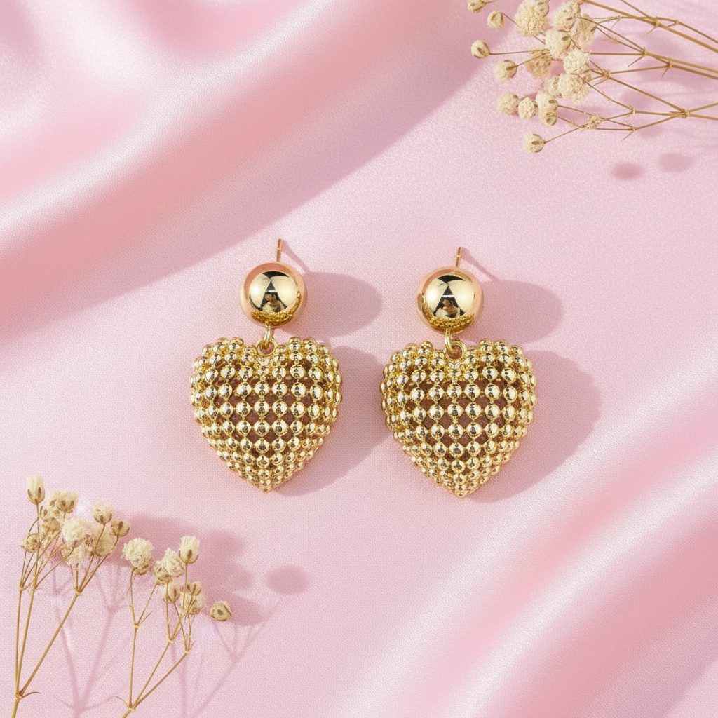 Gold heart earrings flat lay