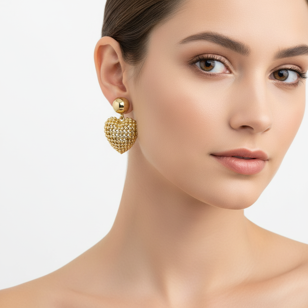 Gold heart earrings on model