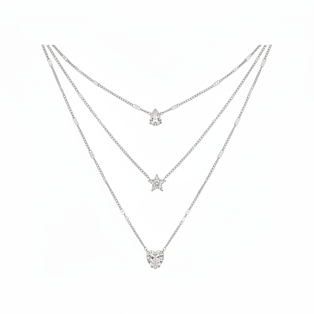 Layred Rhinestone Zircon Love Star Water Drop Heart Pendant Necklace (SILVER)