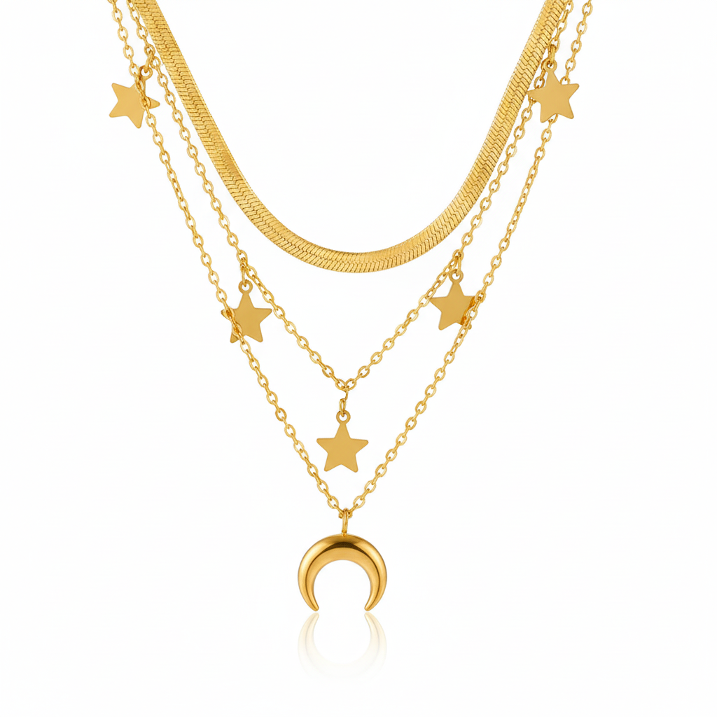 Gold layered necklaces on white background