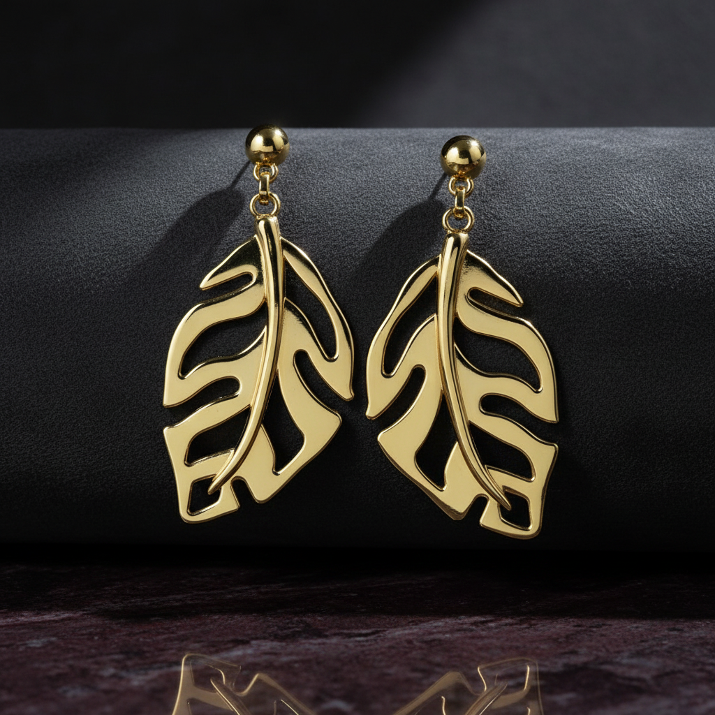 Gold leaf drop earrings dark showcase 1