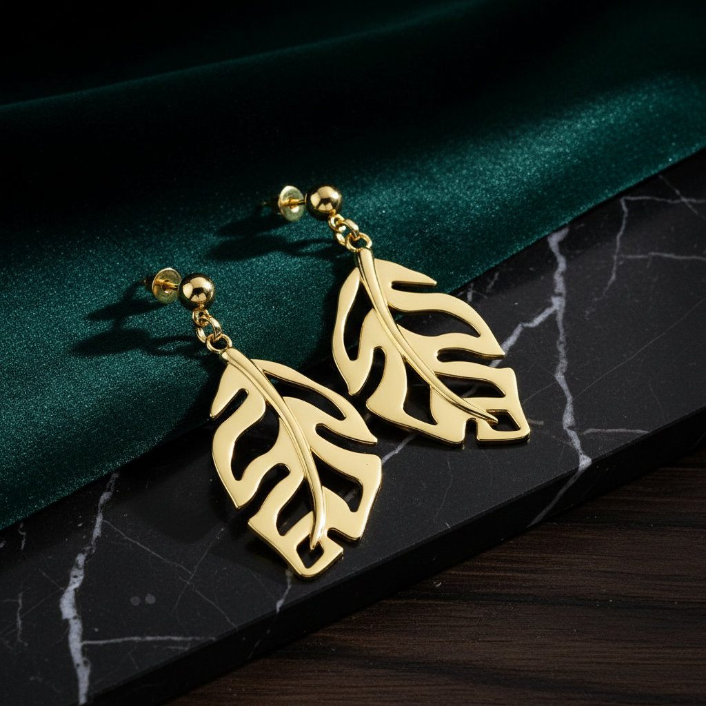 Gold leaf drop earrings dark showcase 2