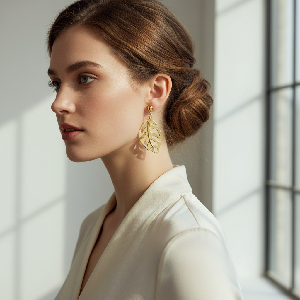 Gold leaf drop earrings indoor model shot - delicate size