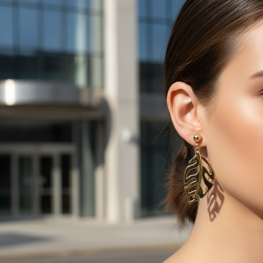 Gold leaf drop earrings outdoor model shot - delicate size
