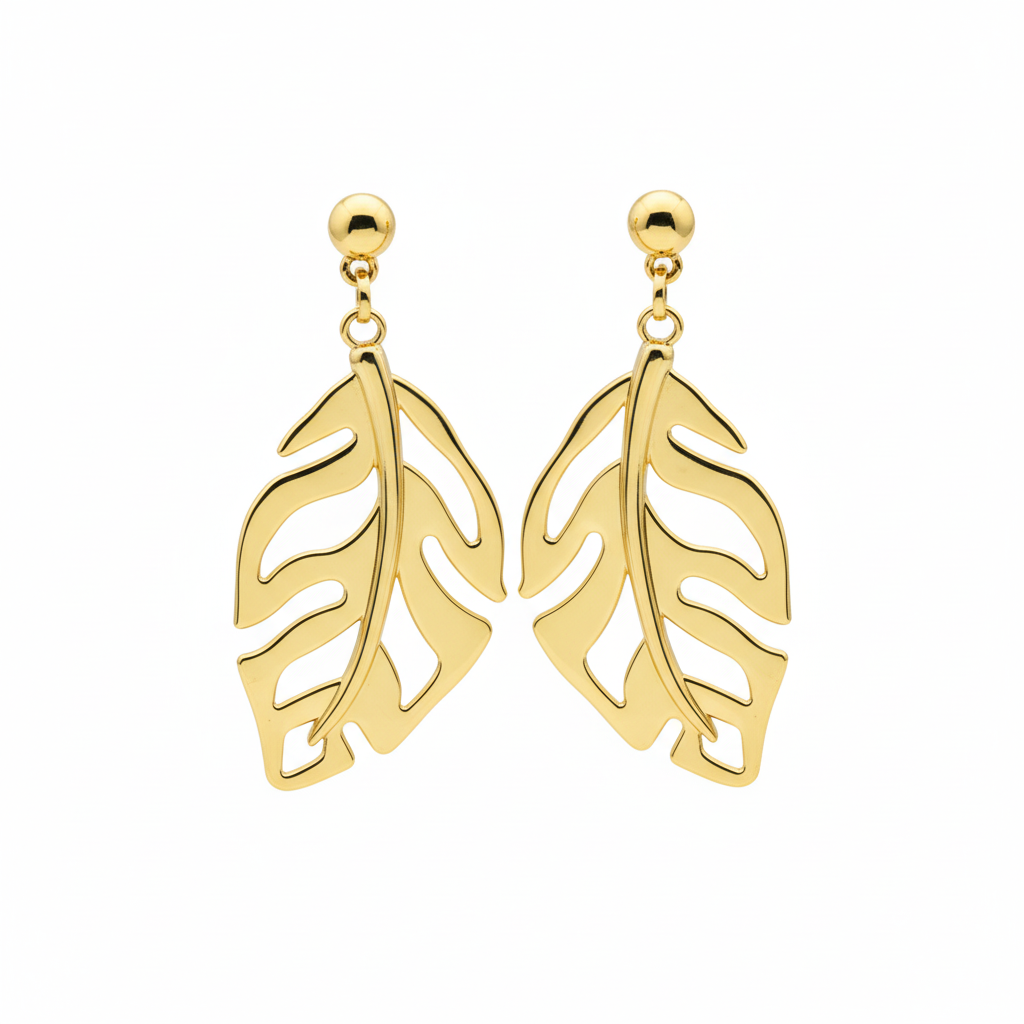 Gold leaf drop earrings white background