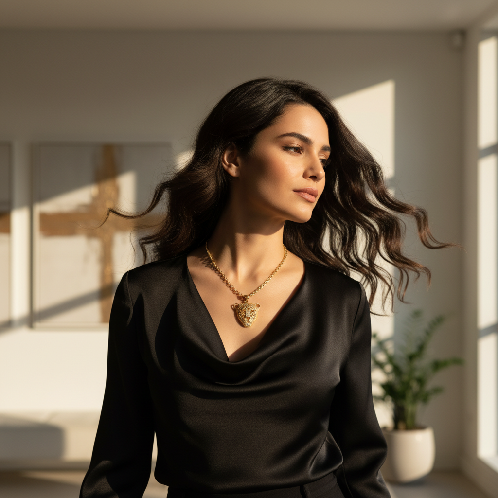 Gold leopard pendant necklace with short chain and matching outfit