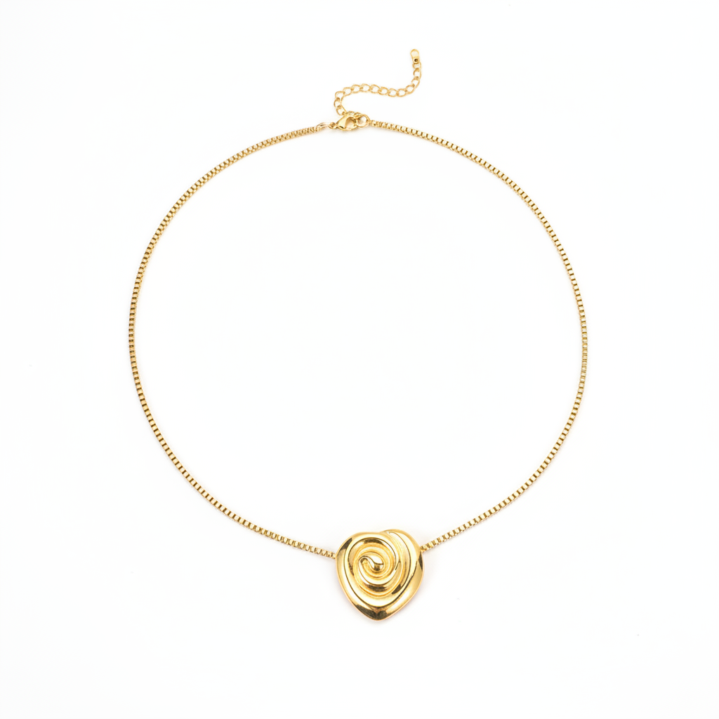Gold rose spiral necklace on super white background