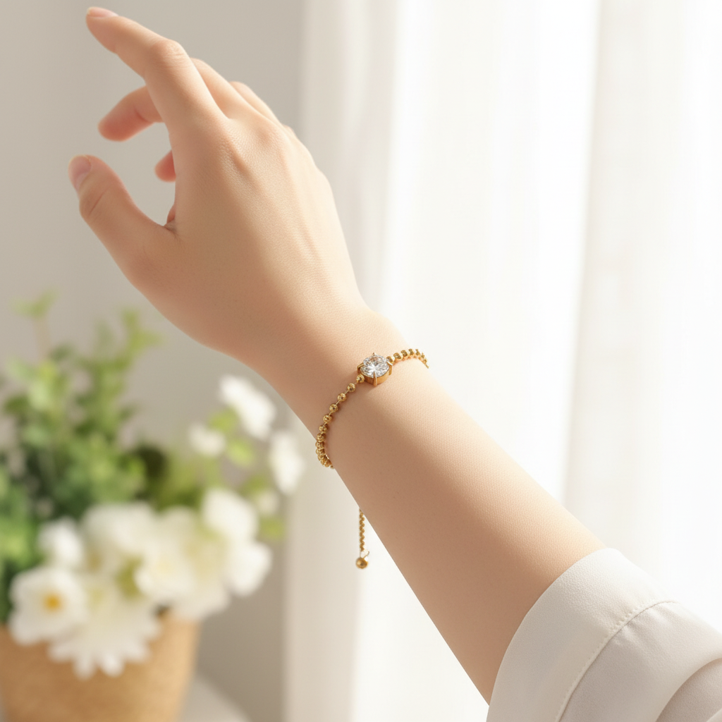 Gold round crystal bracelet on model with bright background