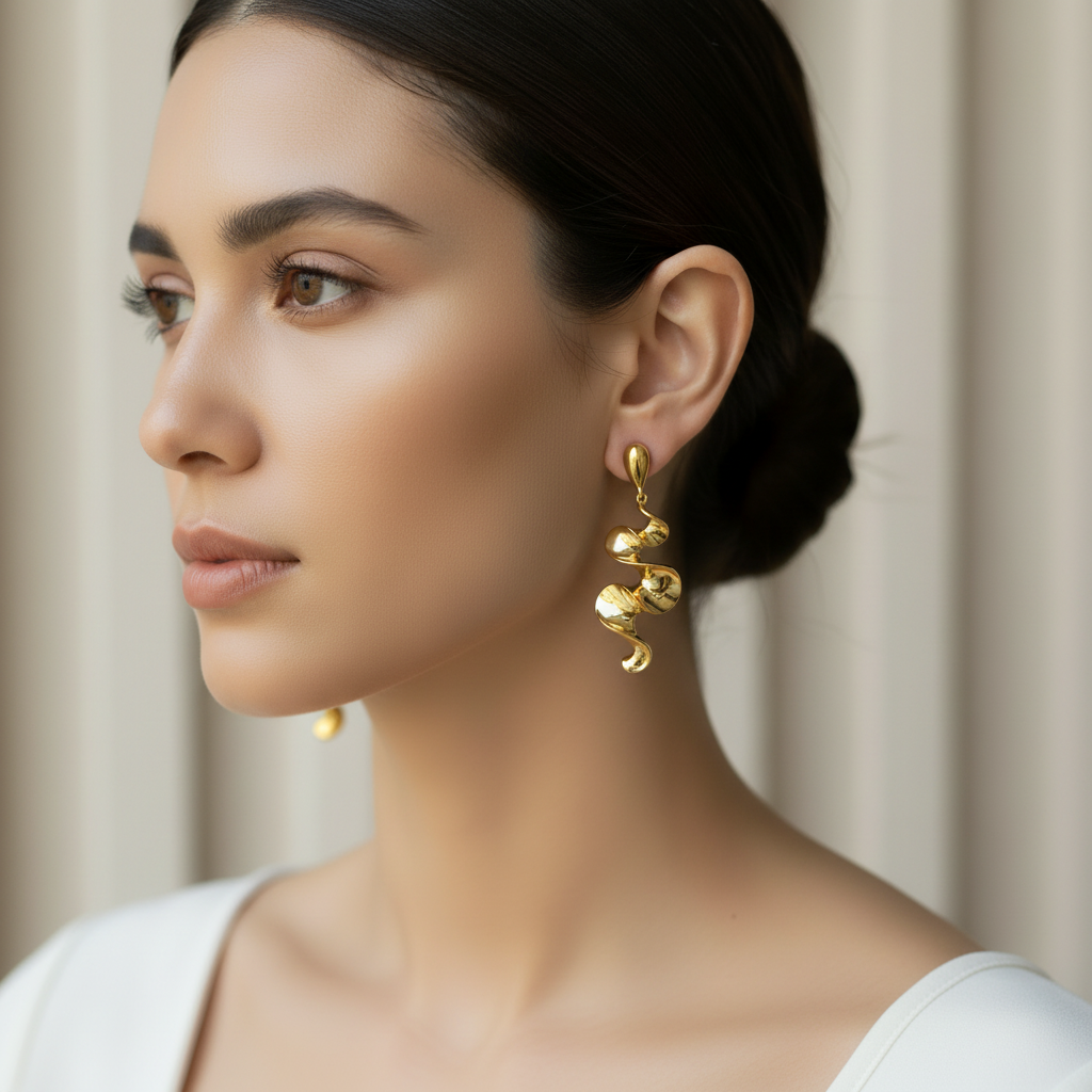 Gold sculptural earrings smaller scale on model
