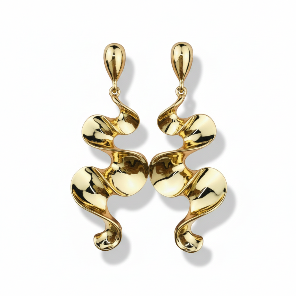 Gold sculptural earrings vertically aligned