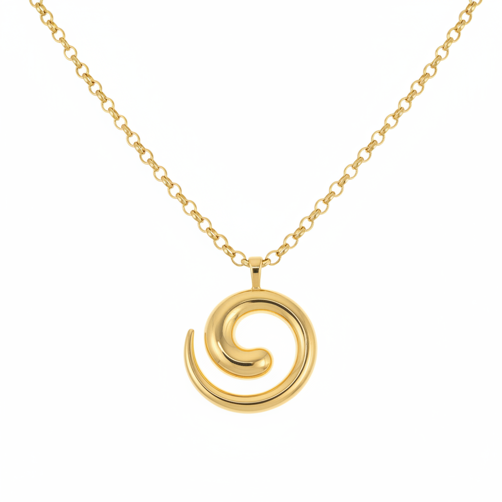 Gold spiral necklace on white background